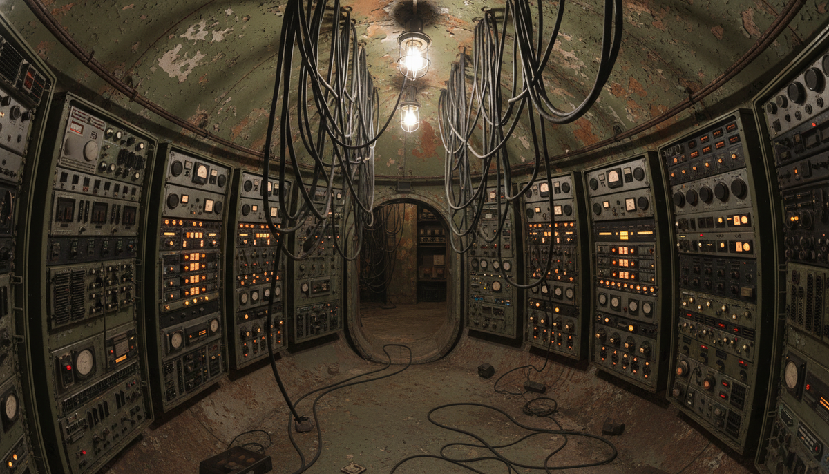 Интерьер заброшенного советского подземного узла связи (НУП) с аппаратурными стойками