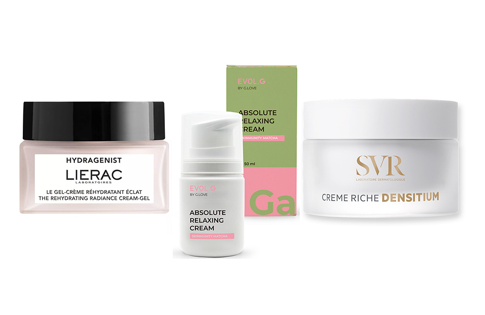     Увлажняющий крем Lierac, крем с технологией нейрокосметики для мимических морщин G.Love и питающий крем SVR.    
 Фото: пресс-служба