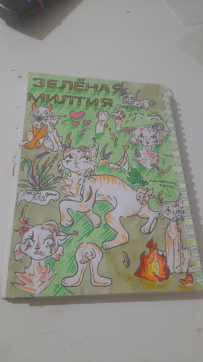 Это старый реф.рисунок и старый окрас, а так же в старой истории о Зеленой Милтии она попала в пожар и там встретила и спасла рыже-белого кота Мрачнолесника с которым вскоре вступила в отношения, но пережив предательство порвала с ним. Всё остальное будет по истории которую я выложу, так, что читайте🙂