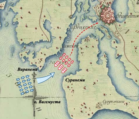 Фрагмент карты № 37 из альбома генерала  А.В. Тучкова c обозначением позиций 
и направлением движения шведской и российской гребных эскадр 4 (15) мая 1790 г. 