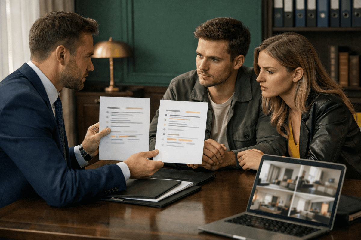 Риелтор за столом объясняет молодой паре условия аванса и задатка при покупке квартиры, показывая им документы и план жилья на ноутбуке.