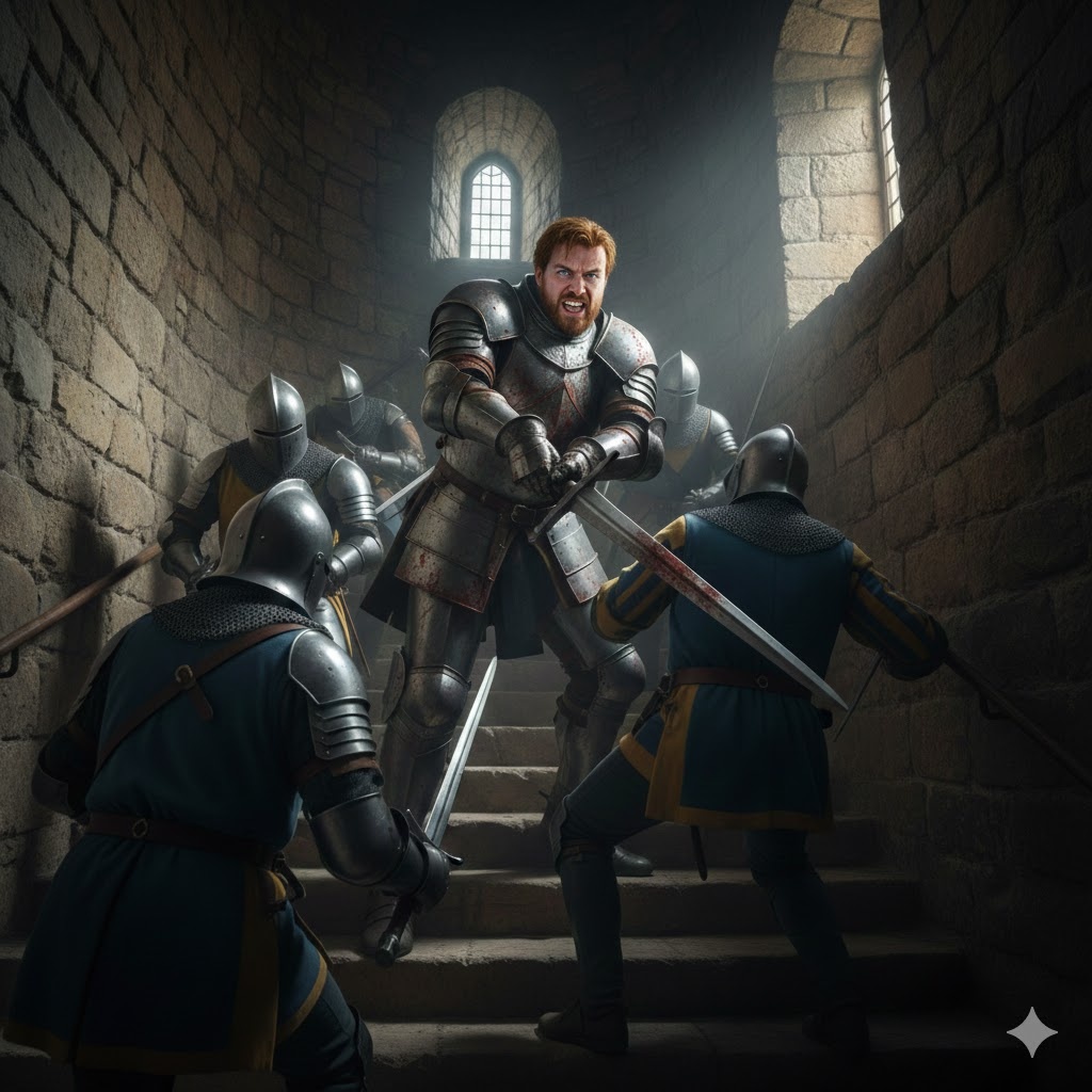 "Вертикаль ярости: Хелмар на ступенях башни", иллюстрация создана сетью Джемини