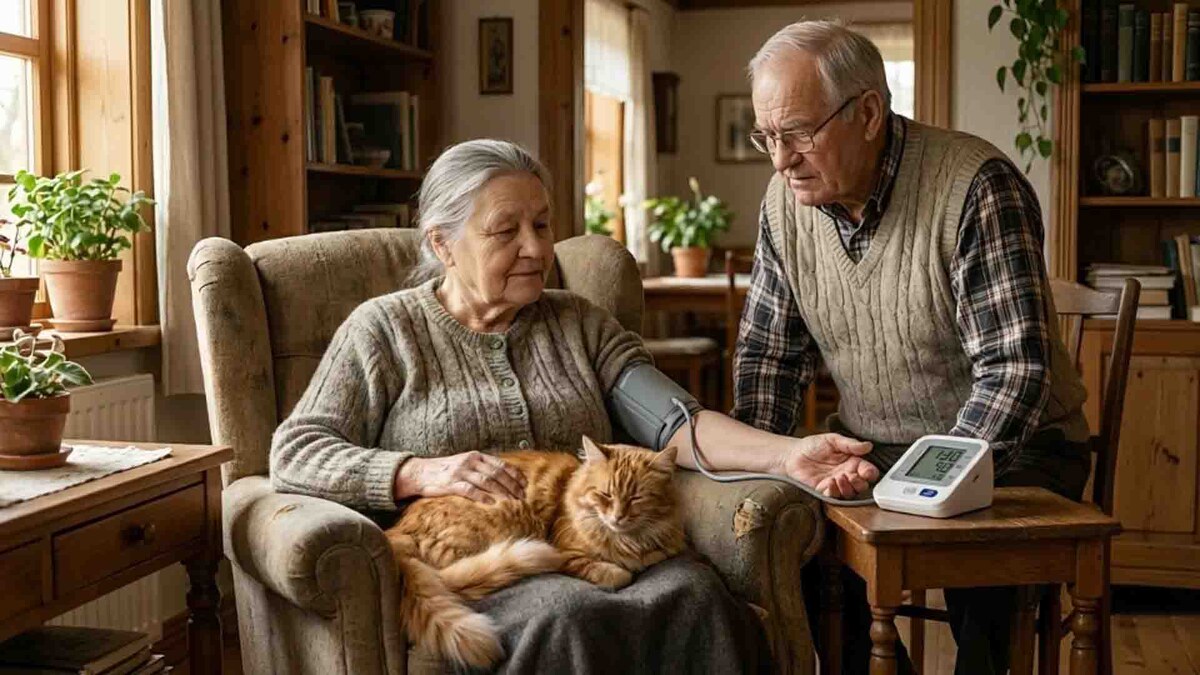 Когда тонометр показывает пугающие цифры, лучшая скорая помощь — это пушистый комок тепла. Василий точно знает, где у хозяйки болит, и приступает к «лечению» без лишних слов.