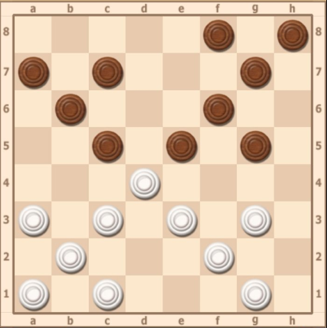 
1. e3-f4 g5xe3 2. a3-b4 c5xa3 3. d4-c5 b6xd4 4. c3-b4 a3xc5 5. b2-c3 d4xb2 6. f2xh4 х