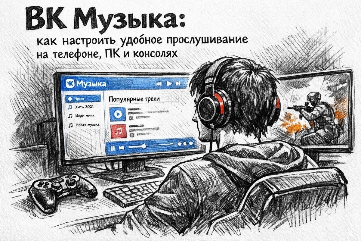 Геймер в наушниках за компьютером, на экране открыт интерфейс ВК Музыки, рядом геймпад и монитор

