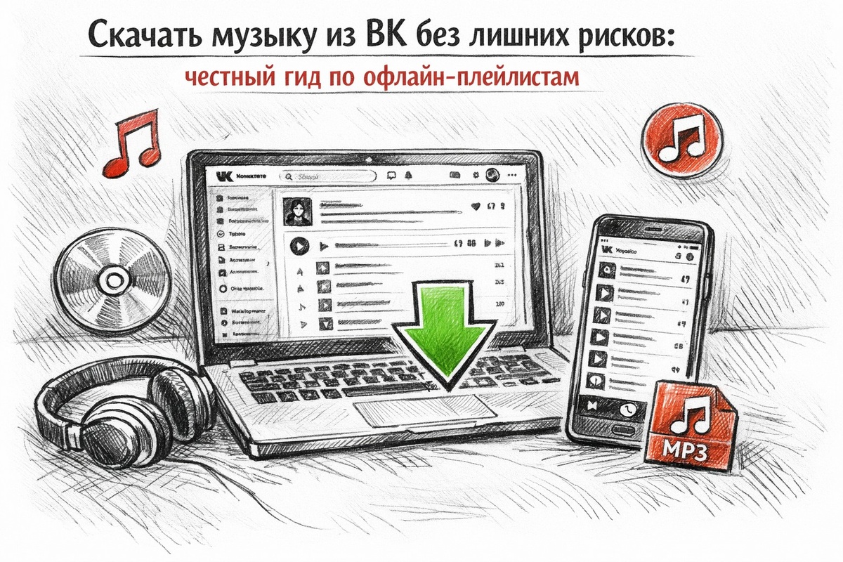 Ноутбук и смартфон с открытым ВК, вокруг пиктограммы музыкальных файлов и стрелка загрузки вниз