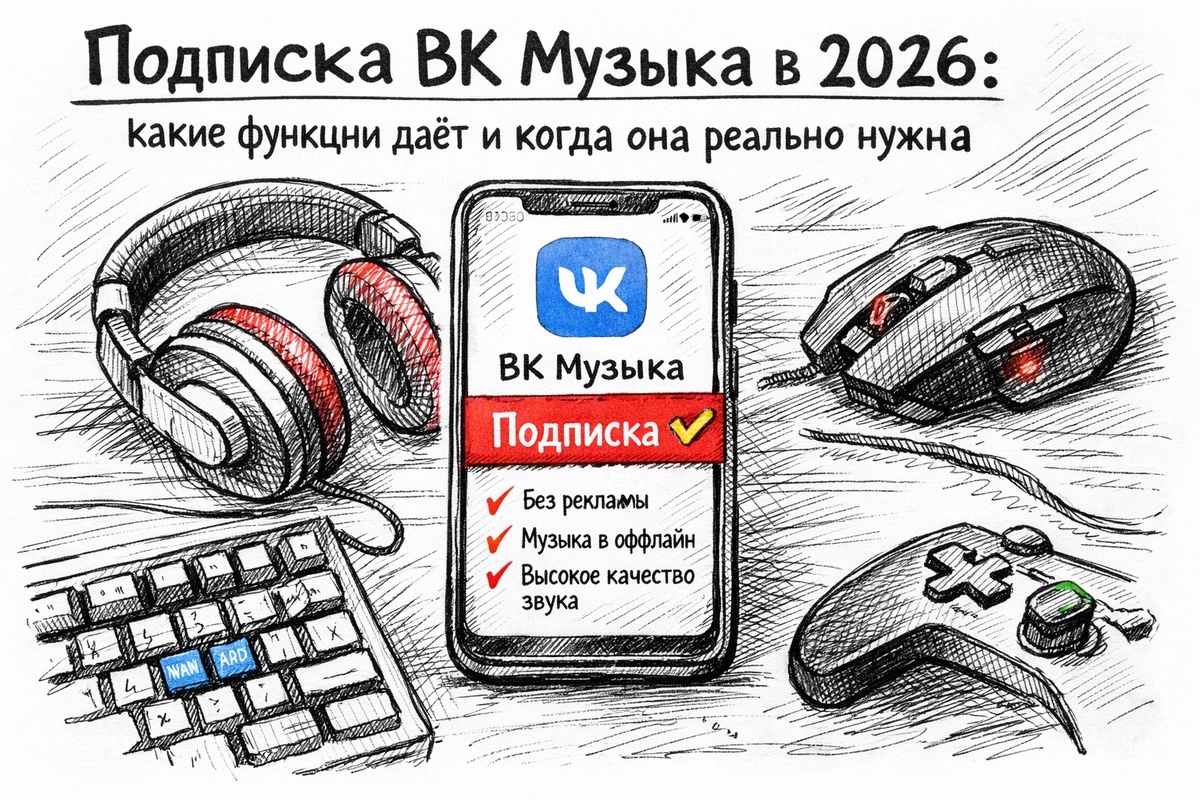 Смартфон с экраном ВК Музыки и значком «подписка», вокруг наушники, клавиатура и игровые аксессуары