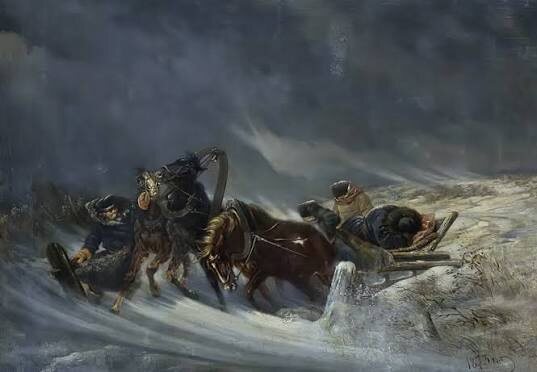 Неизвестный художник. 1873. Тройка в снежную метель. Холст, масло. Иркутский областной художественный музей имени В.П.Сукачева