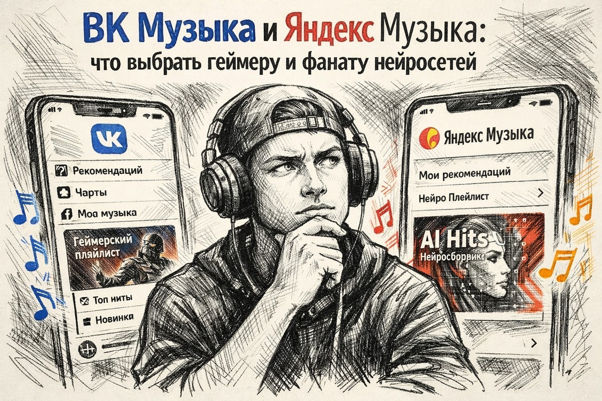 Два экрана рядом с интерфейсами ВК Музыки и Яндекс Музыки, геймер в наушниках задумчиво выбирает между ними