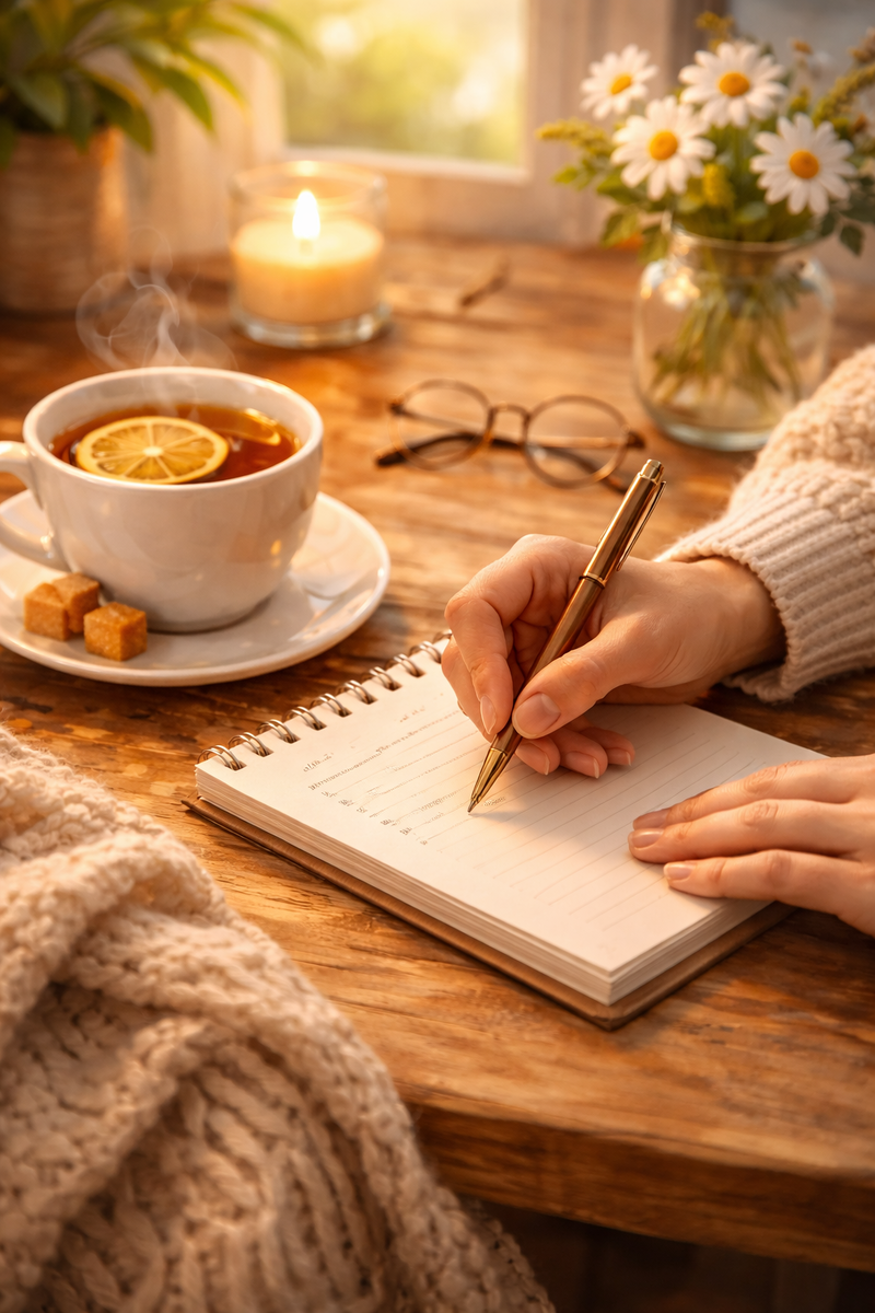 Человек делает записи в блокноте с чашкой чая.