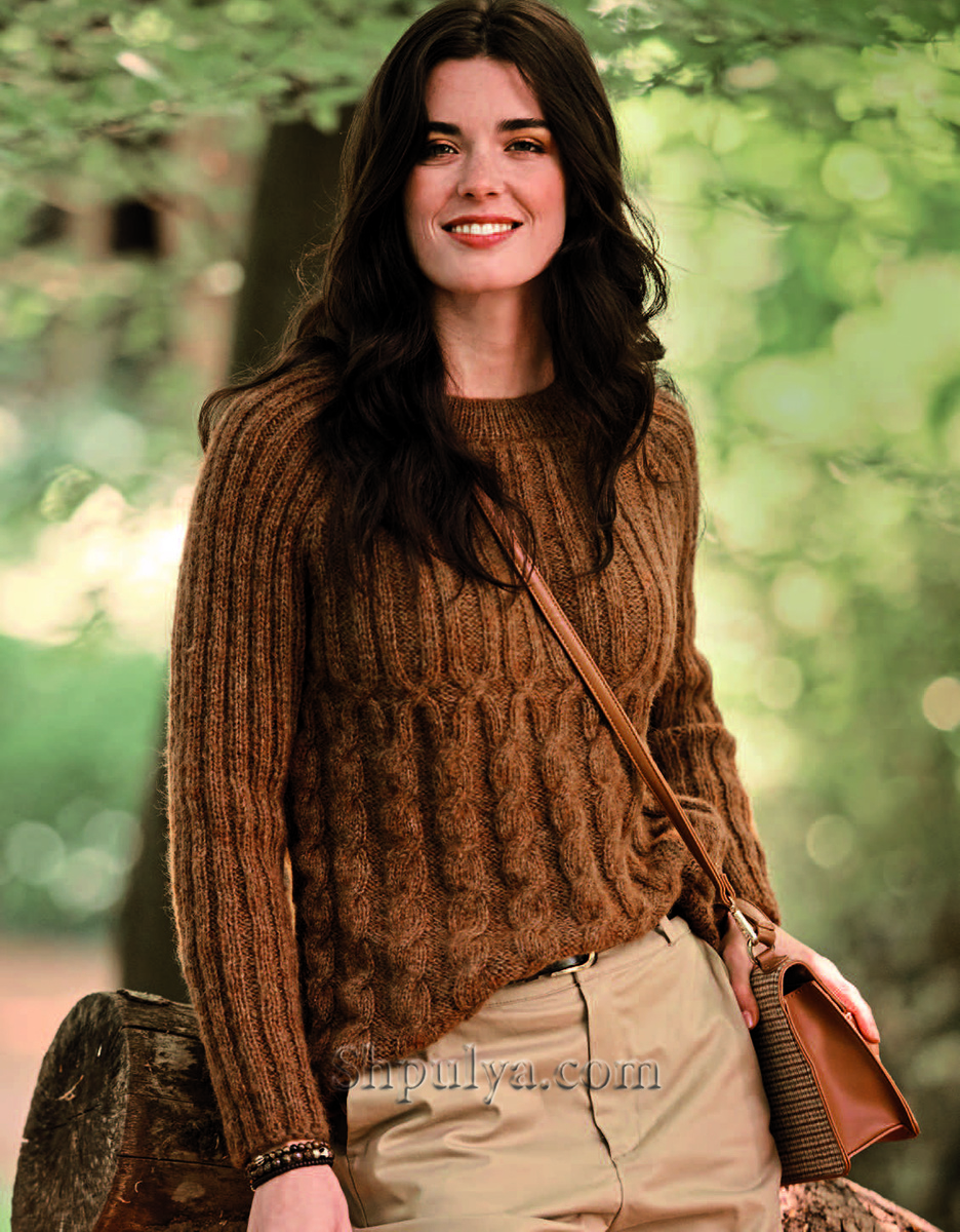 Пуловер реглан с узором из «кос» и резинки