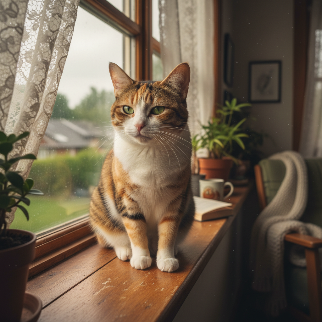 Кошка задумчиво наблюдает за происходящим за окном — природа ее поведения часто вызывает вопросы у владельцев.