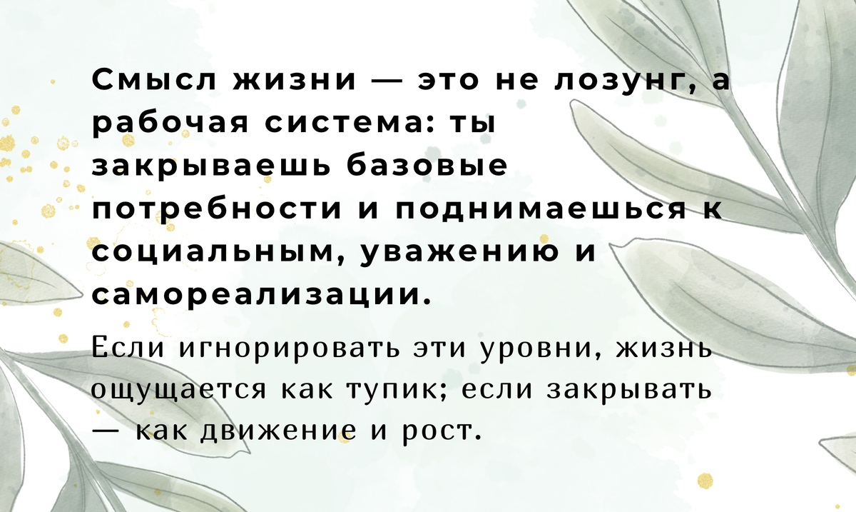 Смысл жизни — это не лозунг, а рабочая система: ты закрываешь базовые уровни и поднимаешься к социальным, уважению и самореализации.​