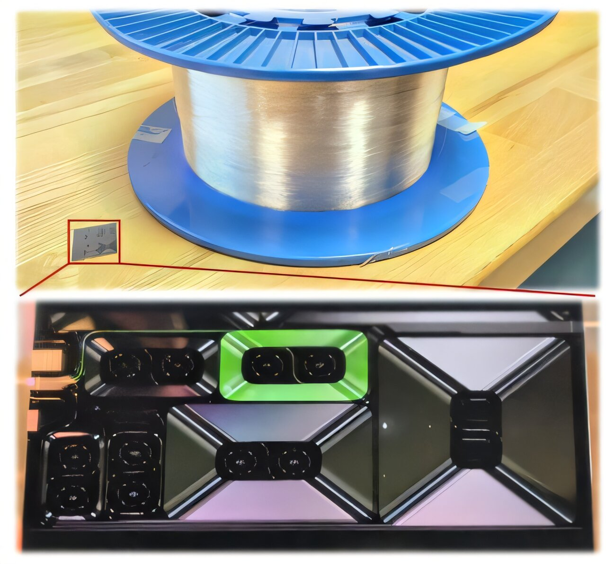 Сравнение катушки с оптоволокном и нового чипа со спиральным волноводом. Фото: Hao-Jing Chen