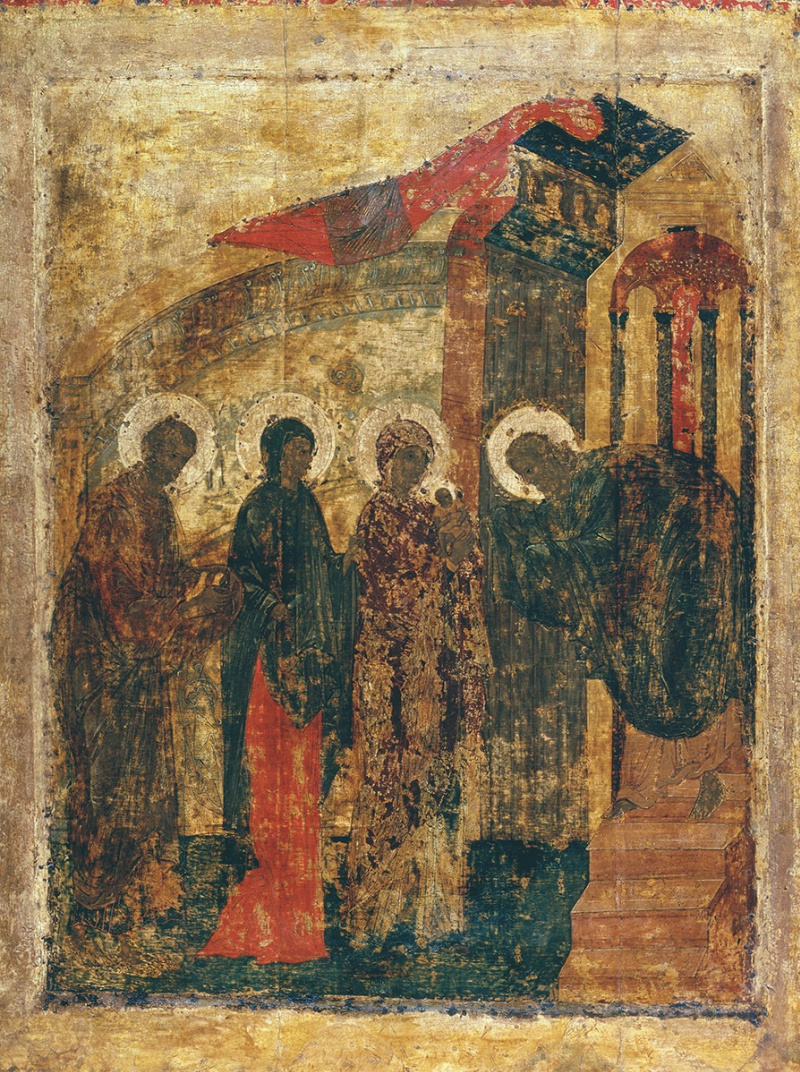 Андрей Рублев.https://yandex.ru/images/search?img_url=https%3A%2F%2Fimages.icon-art.info%2Fmain%2F00600-00699%2F00612_hires.jpg%3Fv%3D201006051404&lr=21726&pos=16&rpt=simage&source=serp&stype=image&text=картины%20про%20Сретенье