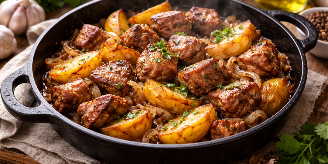 Рецепт жаркое из свинины на сковороде с картошкой и луком - домашний, ароматный и очень простой