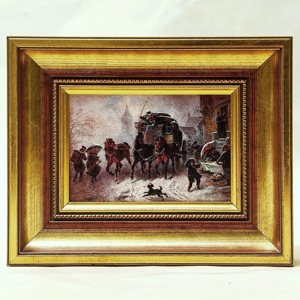 Картина - Пейзаж - Миниатюра «Городская улица - Дилижанс», Доска, Масло, Германия 80 -е ХХ века.