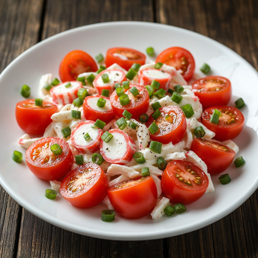 Салат с крабовыми палочками и помидорами черри: свежий, пикантный, быстрый в приготовлении 🥗🦀