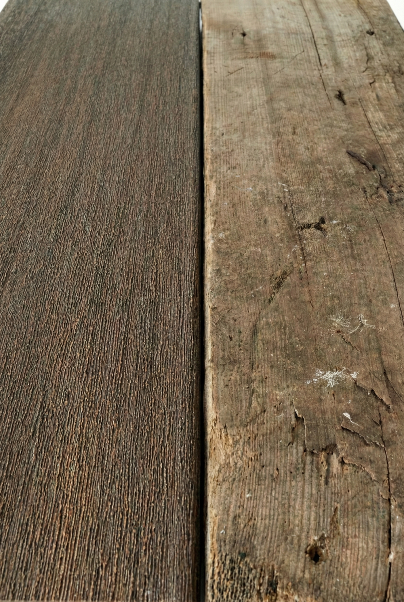 Взгляните на фото выше. Это не фотошоп Реальный эксперимент длиною в 5 лет. Слева — террасная доска из ДПК (древесно-полимерного композита) с защитным слоем, справа — древесина. Условия эксплуатации были идентичными: дождь, снег, солнце и перепады температур.