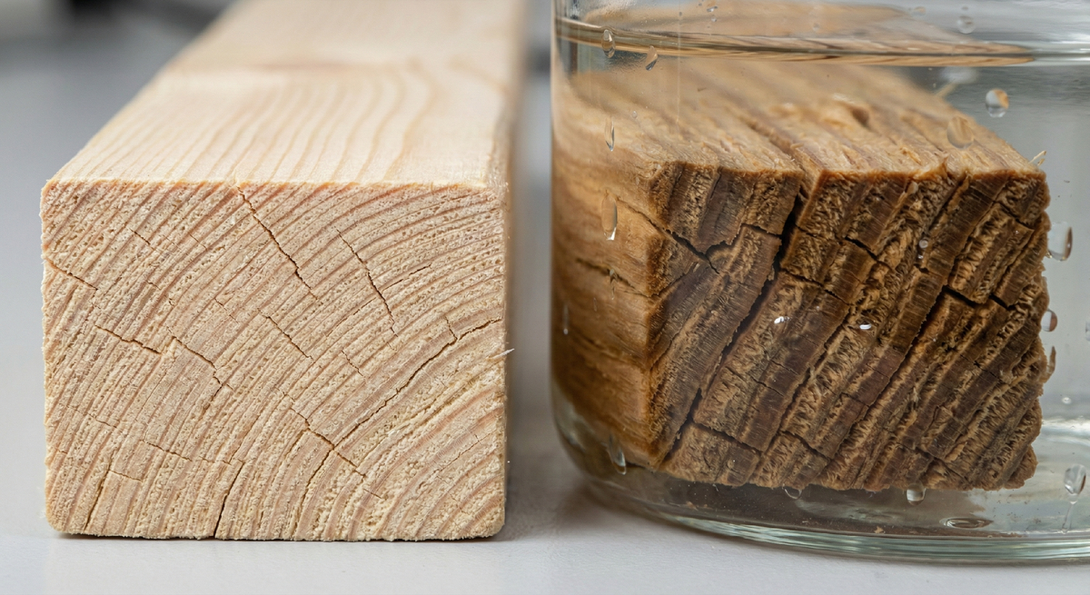 1. Главный враг дерева — гидрофильность
Основная проблема древесины — это её гидрофильность (любовь к воде). Древесное волокно состоит из целлюлозы, гемицеллюлозы и лигнина. Эти вещества активно впитывают влагу из окружающей среды.
Что мы видим на фото справа (дерево):
Доску поместили в воду, она впитала влагу и набухает. Вода проникает в поры дерева.
При замерзании вода расширяется, разрывая волокна изнутри, а при высыхании дерево сжимается, образуя глубокие трещины. Дополним ультрафиолет, который разрушает лигнин (природный клей древесины), из-за чего поверхность становится рыхлой и серой.