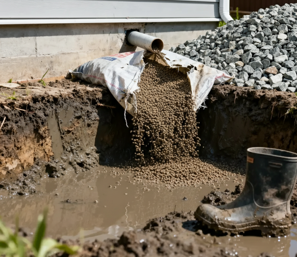 Керамзит в сухой стяжке — друг. Керамзит в мокрой земле — враг, который весит тонну и не пропускает воду. История про то, как «умные советы» превратили дренаж в болото у фундамента.