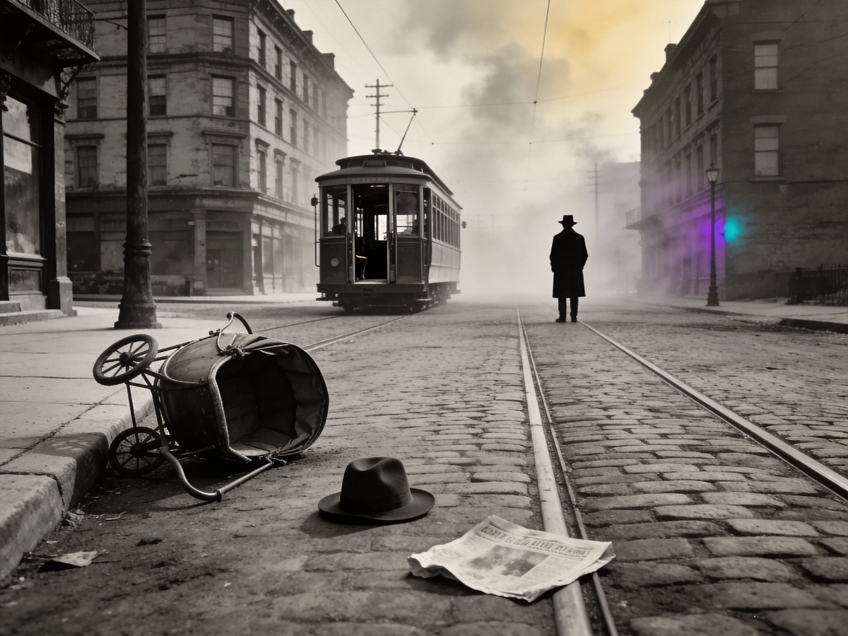 Это не кадр из фильма ужасов. Это Филадельфия, октябрь 1918-го, час пик. Только час пик отменили — вместе с жизнью. Перевёрнутая коляска, брошенный трамвай, остывшая газета и 100 миллионов мёртвых за спиной этого одинокого силуэта.