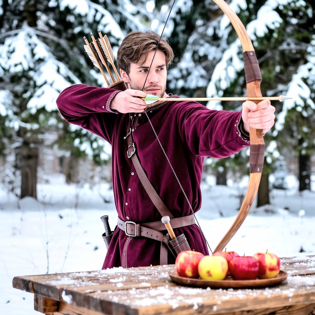 Стрельба из лука по яблокам — отсылка к легенде о Вильгельме Телле, народном герое Швейцарии