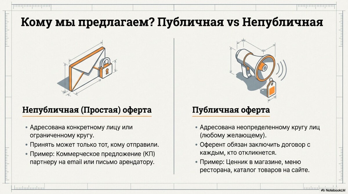 Публичная оферта адресована всем, непубличная — конкретному клиенту или компании.