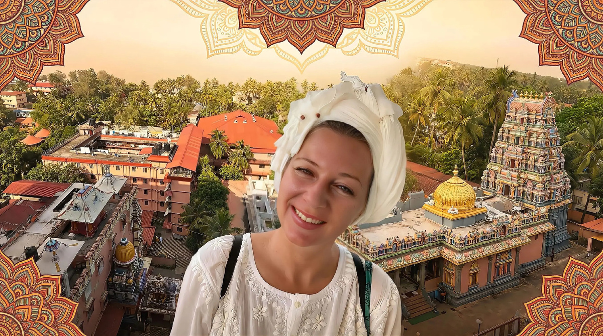 На фоне территории ашрама, вид сверху. Дорисовка ИИ