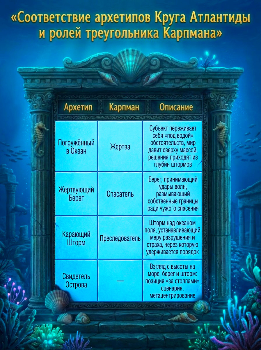 Соответствие архетипов Круга Атлантиды и ролей треугольника Карпмана