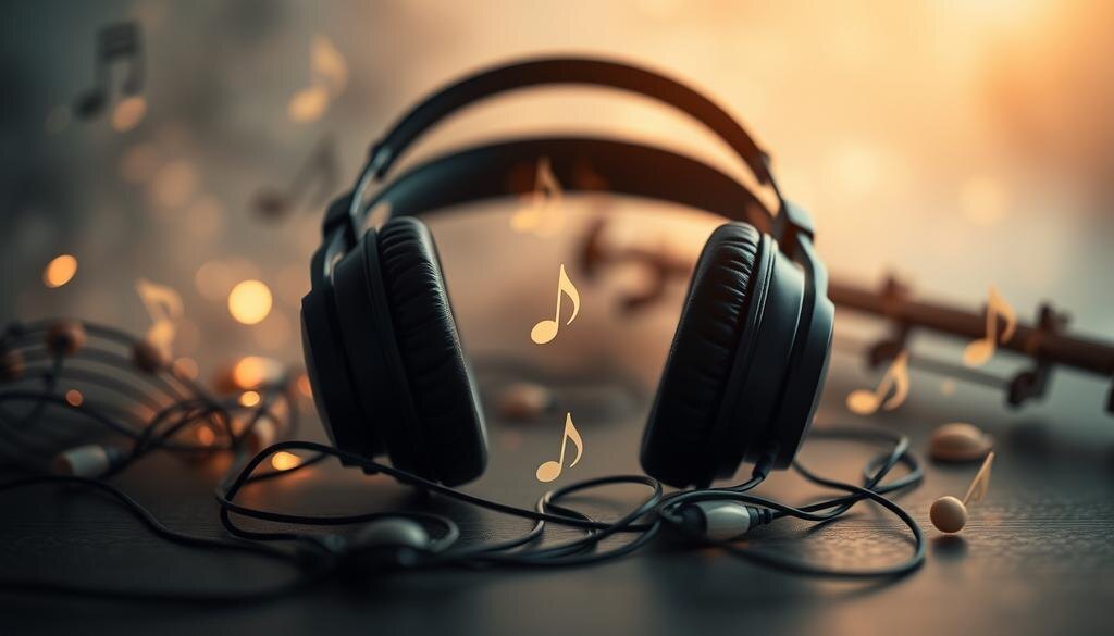    Изображение наушников, окруженных музыкальными нотами и музыкальными инструментами.