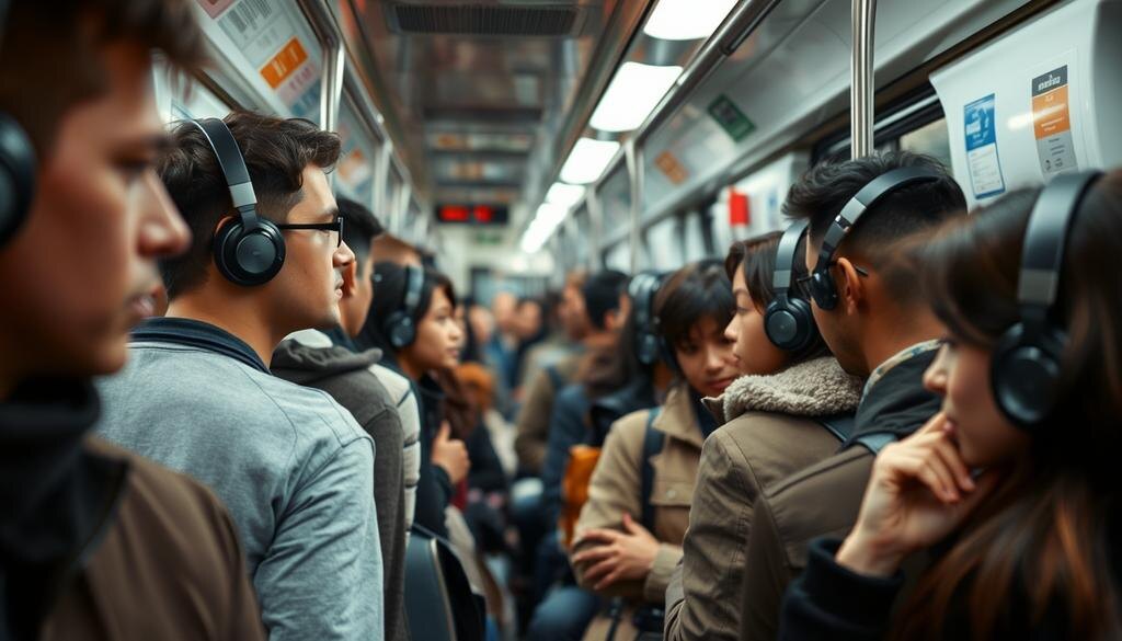    Иллюстрация людей, использующих наушники в общественном транспорте.