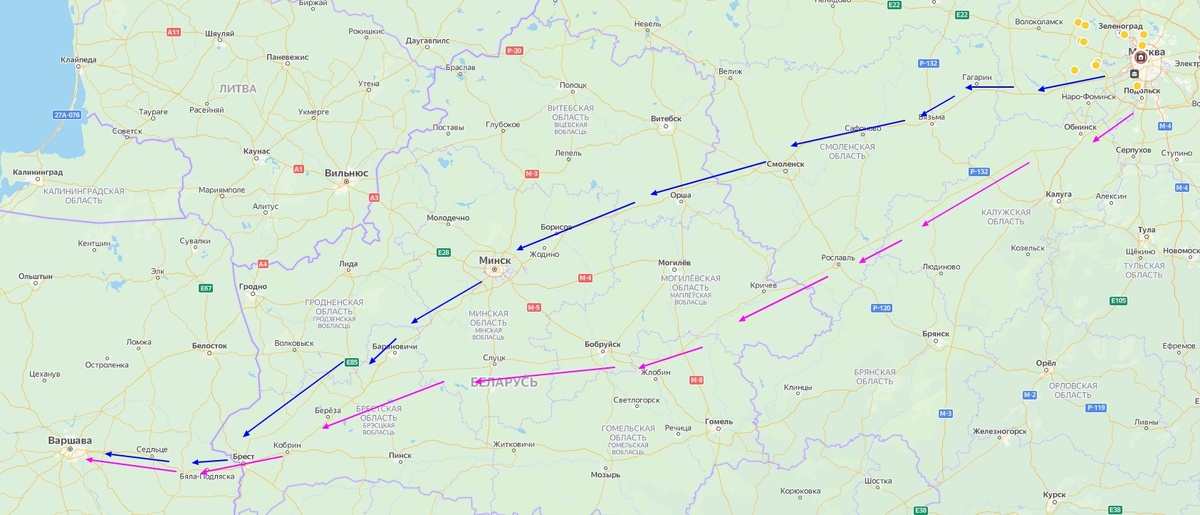Два пути на Варшаву — через старое Варшавское шоссе (южнее) и современный путь Москва-Минск