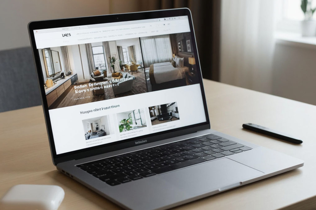 Ноутбук с открытой страницей сайта гостиницы с модулем бронирования