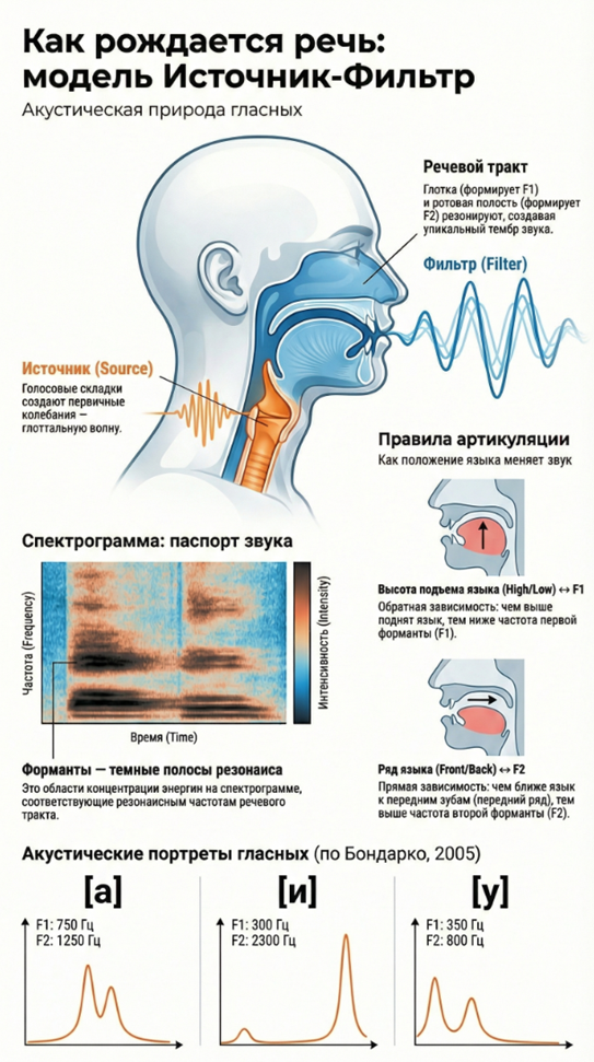 Рис. 1. Модель «источник-фильтр»: как артикуляция превращается в акустический сигнал. Источник (голосовые складки) генерирует периодический сигнал, который фильтруется конфигурацией речевого тракта, формируя характерные форманты.