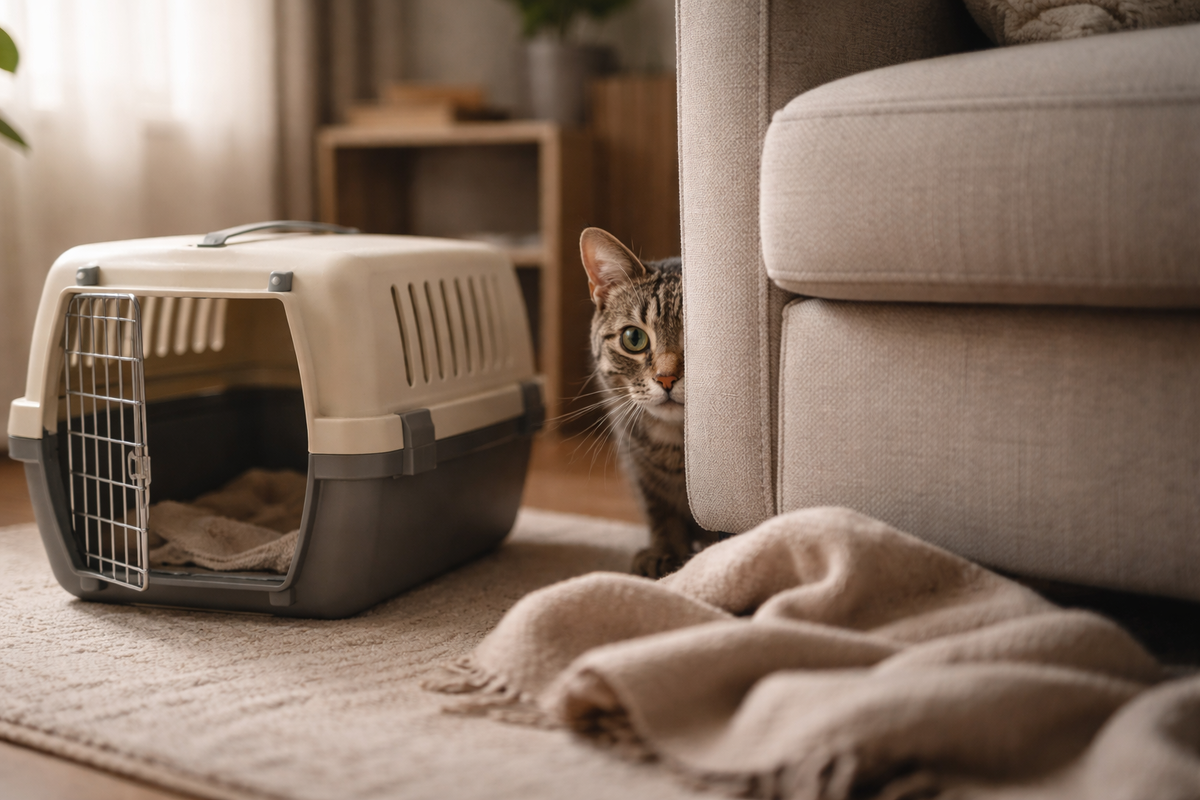 Первый день дома: кот настороже, но уже ищет безопасное место и привыкает к тишине.