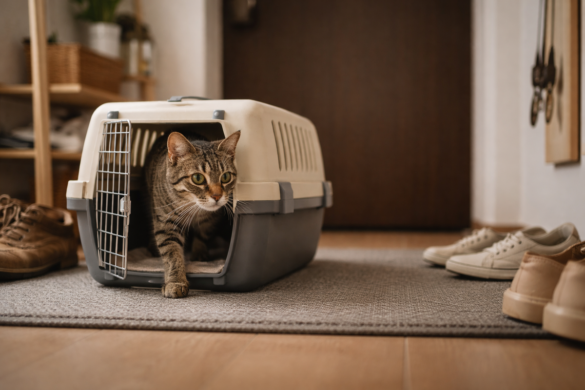 Первые минуты после переезда: кот осторожно изучает прихожую и не спешит покидать переноску.