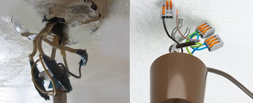 Сравнение — слева опасная скрутка с изолентой, справа — клеммник WAGO с аккуратными проводами)