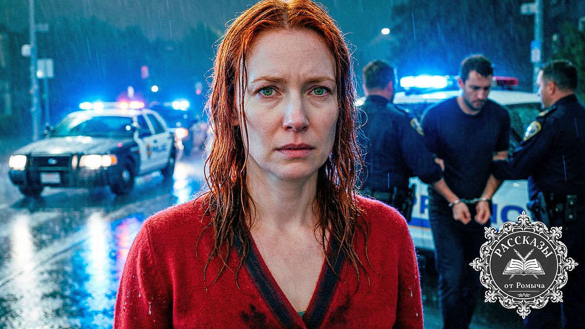 Женщина в красном кардигане стоит на фоне полицейских машин после задержания мужа-предателя