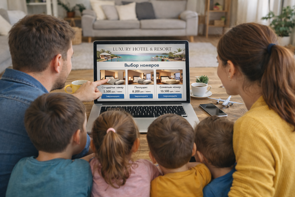 Семья сидит за ноутбуком и выбирает номер на сайте гостиницы.