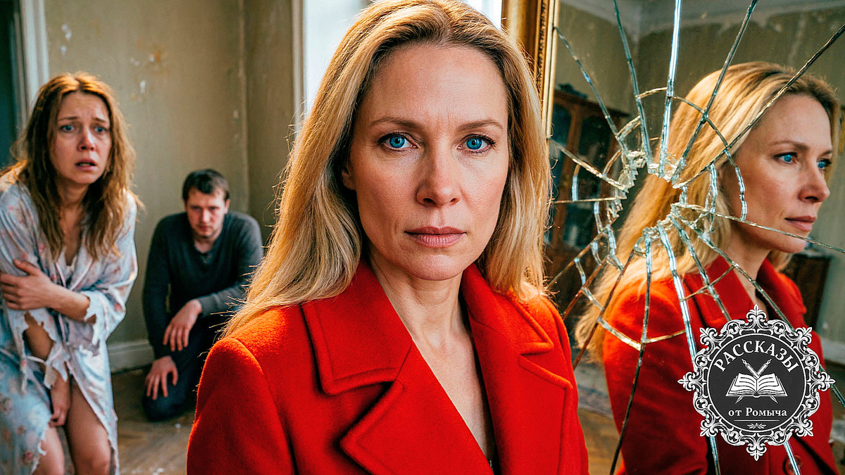 Стильная блондинка в красном пальто на фоне семейной драмы и разбитого зеркала