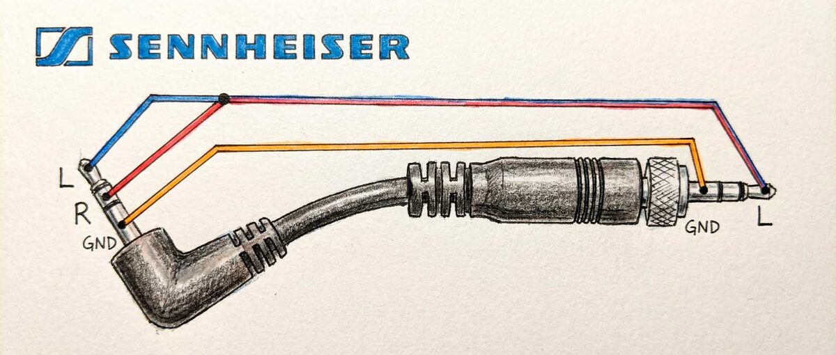 Схема распайки кабеля Sennheiser Jack 3.5 на Jack 3.5. Показана перемычка между левым и правым каналом для подключения к камере.