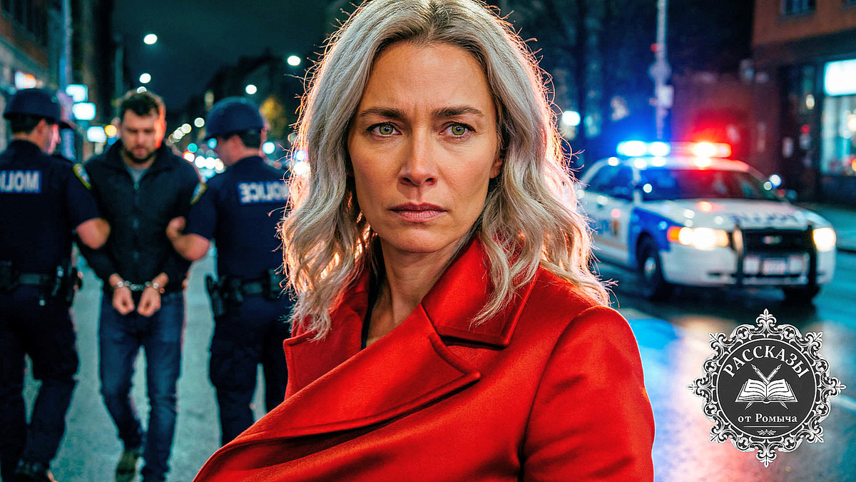 Женщина в красном пальто на фоне задержания преступника полицией