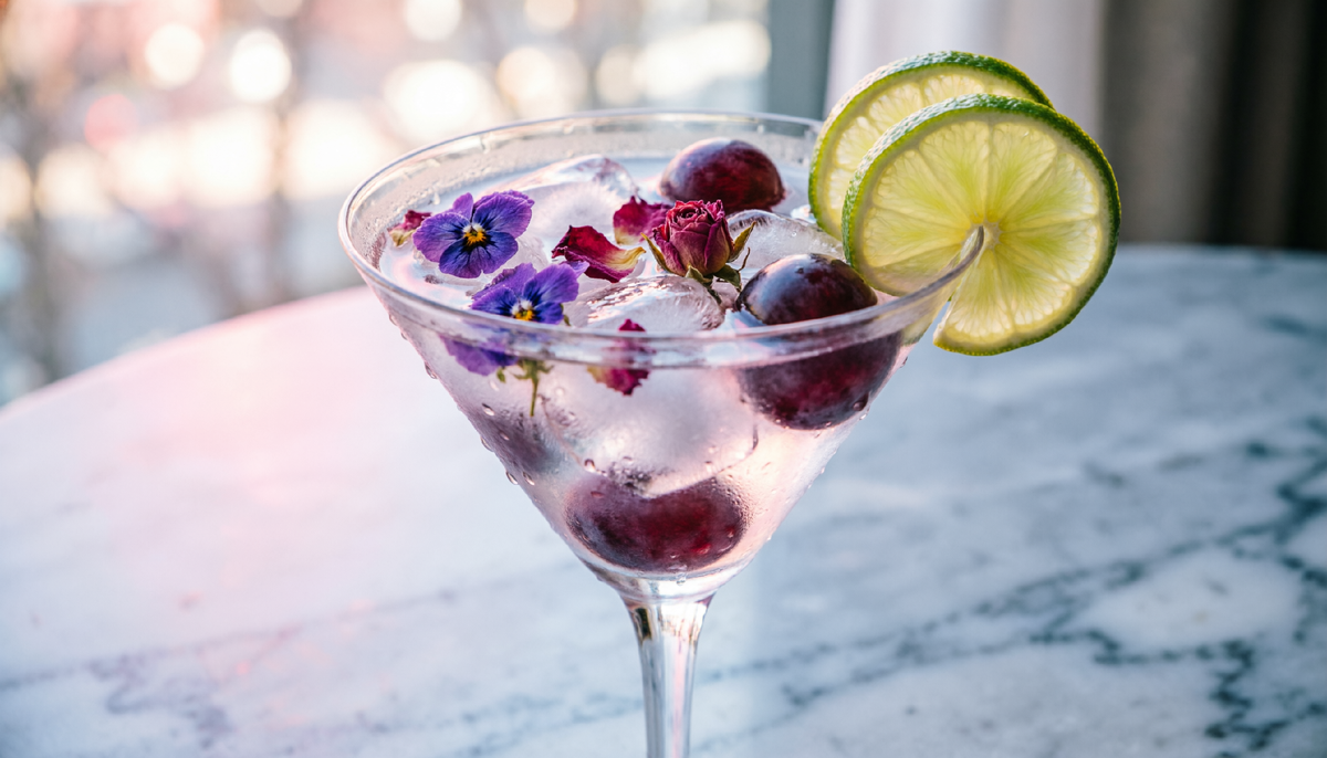 Коктейль с фруктовым льдом и цветами