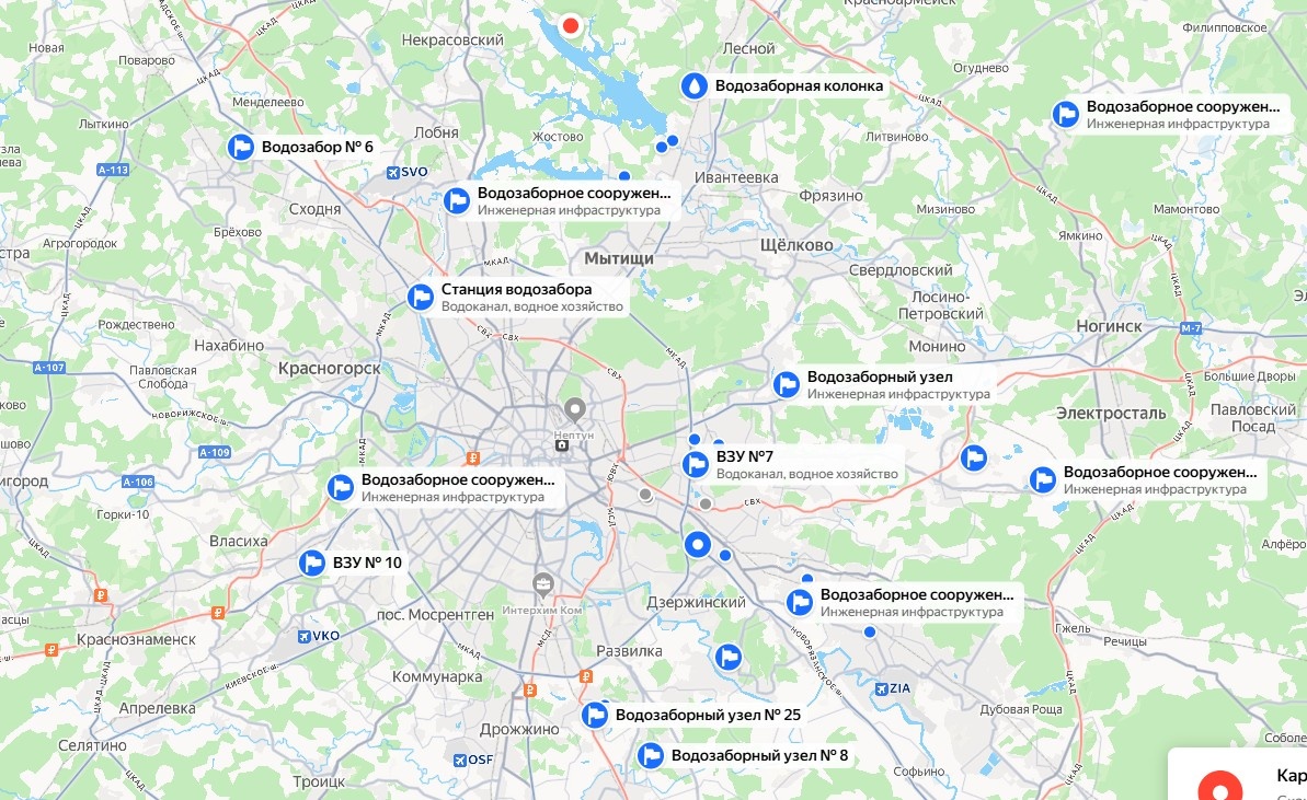 Места водозабора из карт Яндекса.
