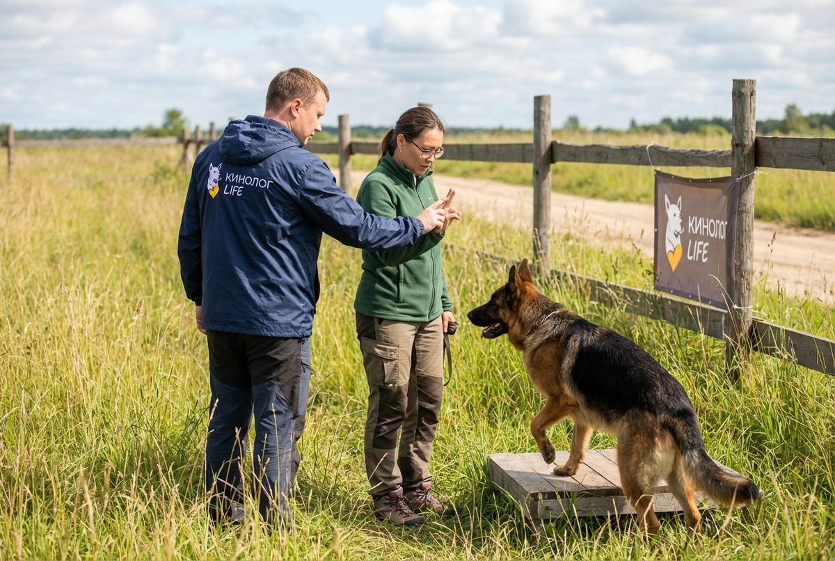 занятия с кинологом москва — кинолог обучает собаку ходить рядом на поводке в парке