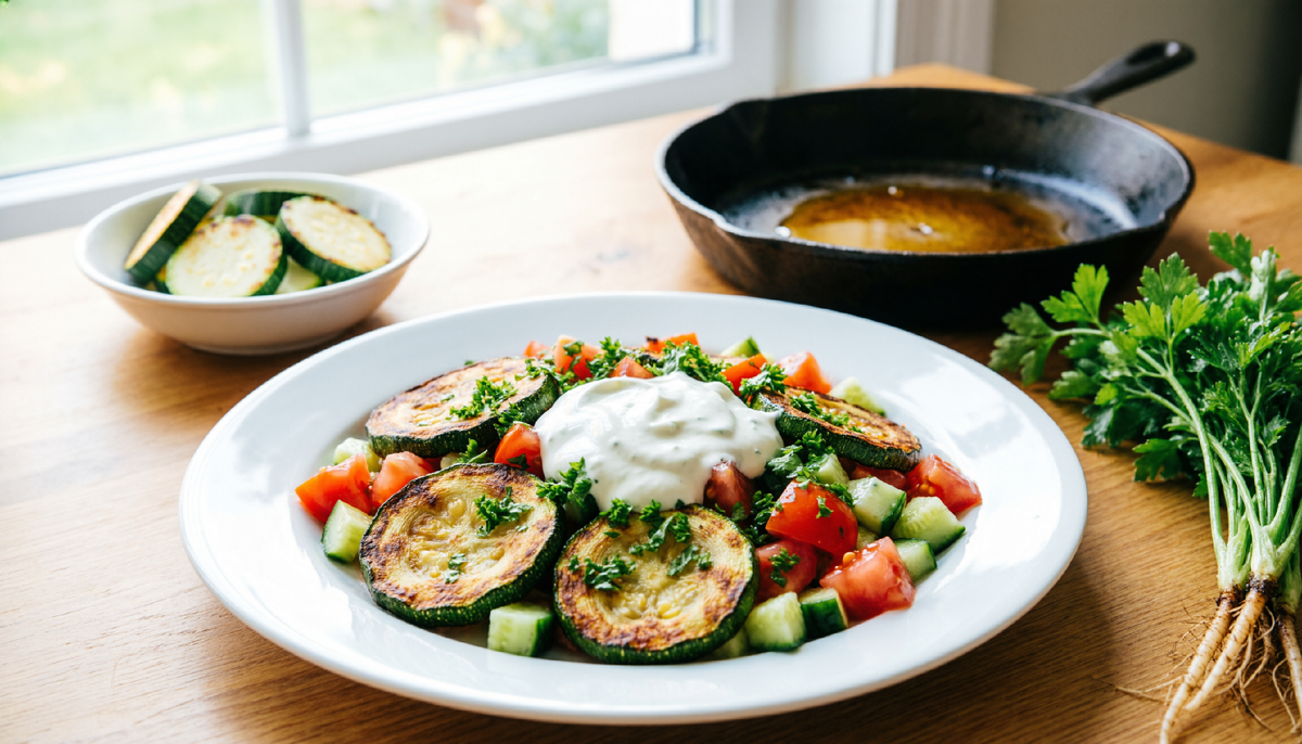 🥗 Израильский салат “Сабих” по-уфимски: вместо баклажанов — кабачки, вместо тахини — йогурт с чесноком.
