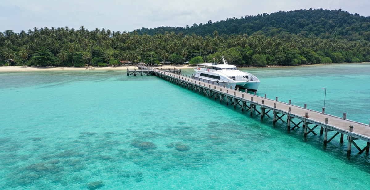  Паром Boonsiri на пирсе Ко Куд, бирюзовая вода.