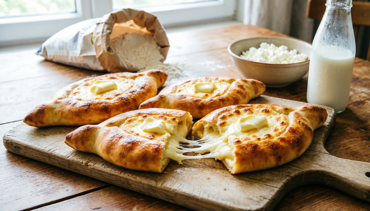 🍞 Грузинский сырный хачапури по-петербургски: вместо сулугуни — “Российский”, вместо мацони — кефир в тесте.  