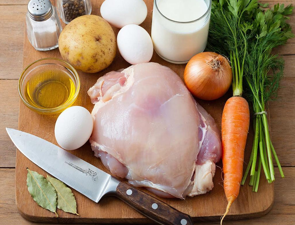 Ингредиенты для куриного супа с яичной соломкой.                                                               «Создано с использованием искусственного интеллекта».